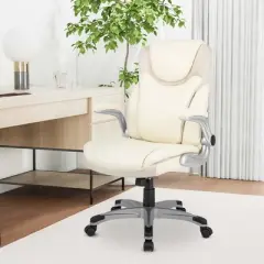 Costway Ergonomic Office Chair PU Leather Executive Swivel with Flip-up Armrests Brown/White/Black