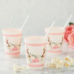 Sparkle and Bash 16 Pack Pink Plastic Floral Tumbler Cups for Oh Deer Girl Baby Shower (16 oz)