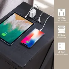 Farmhouse Nightstand with Charging Station & Barn Door & Adjustable Shelf, Rustic Sofa Side Table for Living Room, Bedroom