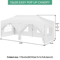 10x20 Pop Up Canopy Tent with 6 Removable Sidewalls, Commercial Heavy Duty Pop Up Canopy Tents for Parties,10x20 Tents with Roller Bag, White