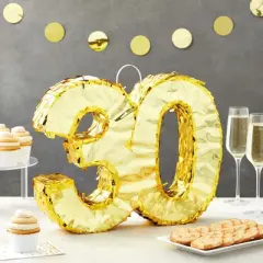 Sparkle and Bash Gold Foil Number 30 Pinata for 30th Birthday Party Decorations, Anniversary Celebrations (Small, 16.5 x 13 x 3 In)