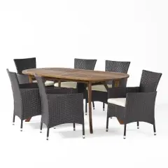 Christopher Knight Home Outdoor Acacia Wood and Wicker 7 Piece Dining Set with Cushions