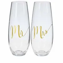 Ganz Mr. and Mrs. Stemless Champagne Flute Set, 2 Piece, Gold Foil Wedding Glasses, Gift Boxed