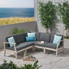 GDFStudio Abena Outdoor Acacia Wood 5 Seater Sectional Sofa Set with Cushions