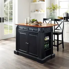Coventry Drop Leaf Top Kitchen Island with X-Back Stools Black - Crosley