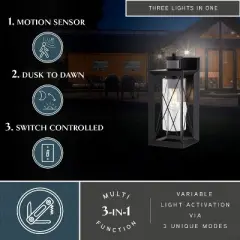 VAXCEL Milton Matte Black Motion Sensor Dusk to Dawn Outdoor Wall Light Transitional Clear Glass