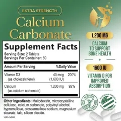 Calcium 1200mg with Vitamin D3 Supplement for Strong Bones & Muscle Support - 60 Tablets;120 Tablets;180 Tablets;240 Tablets