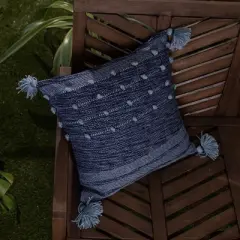 Blue with Corner Tassels 18X18 Hand Woven Filled Outdoor Pillow - Foreside Home & Garden