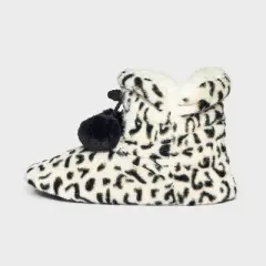 Women's Leopard Faux Fur Booties with Poms and Grippers - Ivory/Black