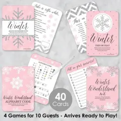 Big Dot of Happiness Pink Winter Wonderland - 4 Holiday Snowflake Birthday Party and Baby Shower Games - 10 Cards Each - Gamerific Bundle