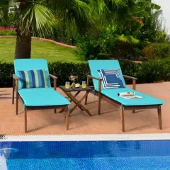 Costway 3PCS Patio Rattan Lounge Chair Folding Table Set Chaise Wood Cushioned White\Turquoise