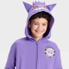 Boys' Pokemon Gengar Hooded Character Full Zip Fleece Sweatshirt - Purple
