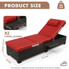 Patio Rattan Wicker Chaise Lounge Chair Set of 2, Wicker Chaise Lounge Outdoor for Pool Deck