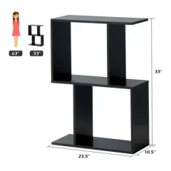 Costway 2-tier S-Shaped Bookcase Free Standing Storage Rack Wooden Display Decor Black
