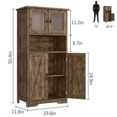 Kitchen Pantry Cabinets with Glass Doors and Adjustable Shelves, 54in Tall Freestanding Wooden Cupboard with Hutch