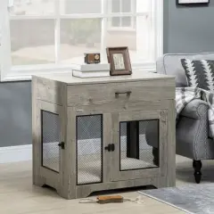 PawHut Dog Crate Furniture with Soft Water-Resistant Cushion, Dog Crate End Table with Drawer, Puppy Crate for Small Dogs Indoor with 2 Doors