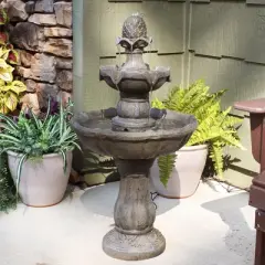 Sunnydaze Outdoor Backyard Polyresin Solar Powered 2-Tier Pineapple Top Water Fountain Feature - 33"