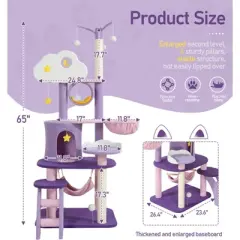 Bekrvio 65" Cute Cat Tree Tower Activity Center, Large Playing House Condo Rest for Kittens, Purple
