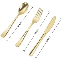 Itopfox 300PCS Gold Plastic Silverware Set, Heavy Duty Disposable Flatware Dinnerware, 100 Forks, 100 Spoons 100 Knives for Party, Wedding, Daily Use
