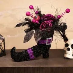 Northlight Witch's Boot with Glittered Roses and Foliage Halloween Decoration - 12"