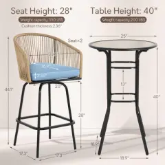 HOMEFUN 3pcs Outdoor Bar Set, 1 PC Patio Bar Table and 2 PCS Chairs Set