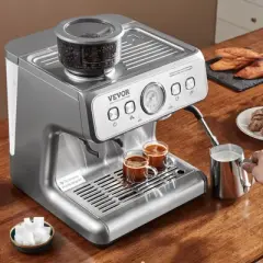 VEVOR Espresso Machine with Grinder, 15 Bar Semi-Automatic Espresso Coffee Maker with Milk Frother Steam Wand, Removable Water Tank & Pressure Gauge