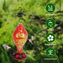 LakeForest "Handcrafted 33oz Glass Hummingbird Feeder with 5 Feeding Ports, Ant Moat, Hanging Hook & Brush" Red