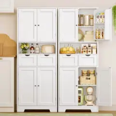 Usikey Kitchen Pantry Cabinet with Adjustable Shelf, Tall Storage Cabinet with 2 Drawers & 4 Door Shelves, Pantry Cabinets for Dining Room, White