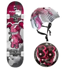 Punisher Voodoo Skateboard, Helmet & Pad Set Bundle - Canadian Maple Skateboard, Durable Protective Gear