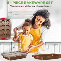 NutriChef 6-Piece Baking Pan Set - PFOA, PFOS, PTFE Free Flexible Nonstick Golden Coating Carbon Steel Bakeware - Professional Home Kitchen Bake