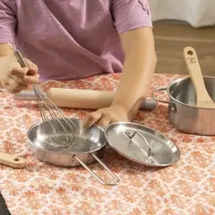 HearthSong Jr. Chef's 7-Piece Metal and Wood Kitchen Cooking Set for Kids' Pretend Play or Real Cooking