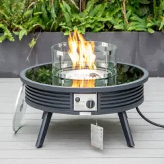 Leisuremod Walbrooke Outdoor Patio Aluminum Round Slats Design Fire Pit Side Table with Lid and Fire Glass
