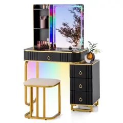 Costway Vanity Table Set with RGB LED Lights Crystal Crush Diamond Mirror Drawers Black/White