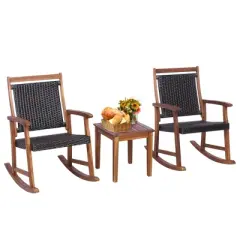 Costway 3PCS Patio Rattan Rocking Chair Bistro Set Acacia Wood Frame Armrest