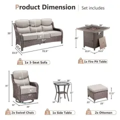 Gymojoy 7 Pieces Outdoor Patio Wicker Sofa Swivel Chair Ottoman with 6 Inch Cushions and Fire Pit Table