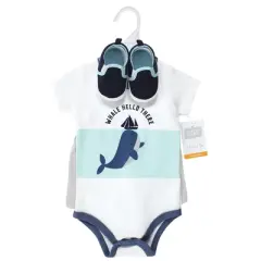 Hudson Baby Infant Boy Cotton Bodysuit, Shorts and Shoe Set, Underwater Whale