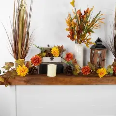 Northlight 5.5' x 6" Autumn Harvest Orange and Yellow Mums with Maple Leaves Garland - Unlit