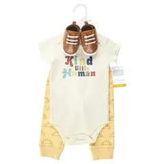 Hudson Baby Infant Boy Cotton Bodysuit, Pant and Shoe Set, Kind Human