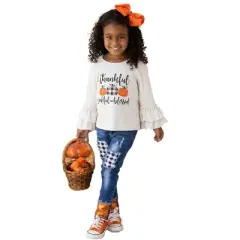 Girls Thankful, Grateful, & Blessed Sequin Patched Jeans Set - Mia Belle Girls