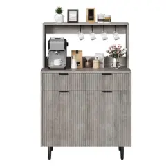 Garvee Sideboard Buffet Cabinet, Farmhouse Fluted Coffee Bar Cabinet with 2 Drawers, 4 Hooks and Adjustable Shelves for Kitchen, Dining Room