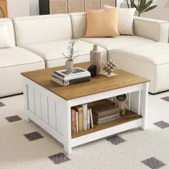Tangkula Coffee Table w/ Storage Shelf Farmhouse Rustic Center Table Space-Saving