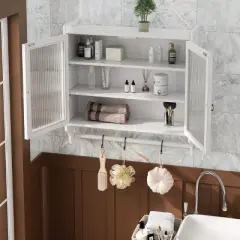 FURNIinspire Kitchen And Dining Cabinets Vintage Glass Door Wood Wall Cabinet, Dining Room Pantry Cabinet With Towel Rack, White, 7.08"*24.8"*23.62"