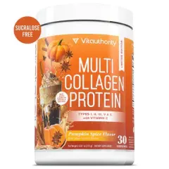 Multi Collagen Protein Powder, Collagen for Healthy Hair, Glowing Skin, Strong Nails, & Joint Health, Pumpkin Spice Flavor, Vitauthority, 30 Servings