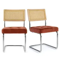 Set of 2 Kylie 20.5" Wider Flannel Upholstered Tufted Seat With Metal Chrome Legs and Woven Rattan Backrest Dining Chairs - The Pop Maison