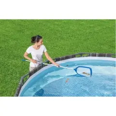 Bestway FlowClear 64 Inch Aboveground Swimming Pool Debris Leaf Skimmer Mesh Net Cleaning Maintenance Rake with Extendable Aluminum Handle