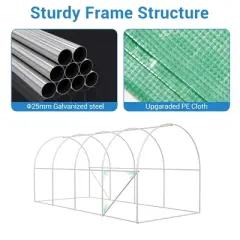 Outdoor Greenhouse -  Walk-In Tunnel with 8 Mesh Vents, Swing Door & Roll-Up Door, Reinforced Galvanized Steel Frame & Durable PE Cover