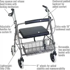 DMI Rollator Heavy Duty Walkers For Seniors | FSA and HSA Eligible | Extra Wide Seat and Backrest| Walkers For Seniors With Seat Foldable | 375 Lbs