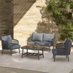 Christopher Knight Home Piotr 4 Piece Outdoor Acacia Wood and Metal Seating Set with Rope Woven