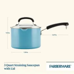 Farberware Eco Advantage 3qt Ceramic Nonstick Straining Saucepan with Lid Aqua: Dishwasher-Safe Sauce Pot, Gas & Electric Compatible