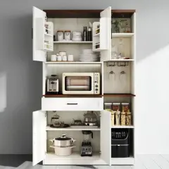 Kitchen Pantry Cabinet with Hutch, Drawer & Wine Rack, Microwave Stand with USB, Sideboard Buffet Storage Cabinet for Dining Room